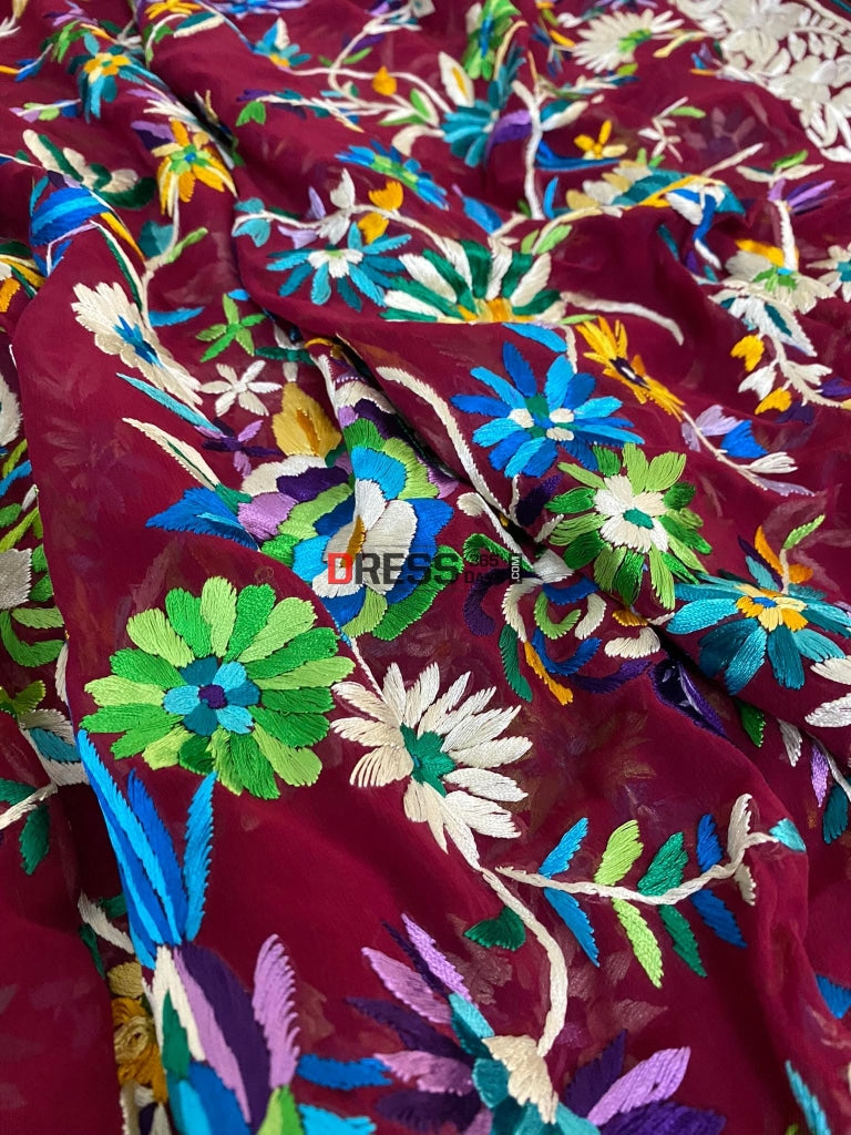 Maroon Parsi Gara Hand Embroidered Dupatta