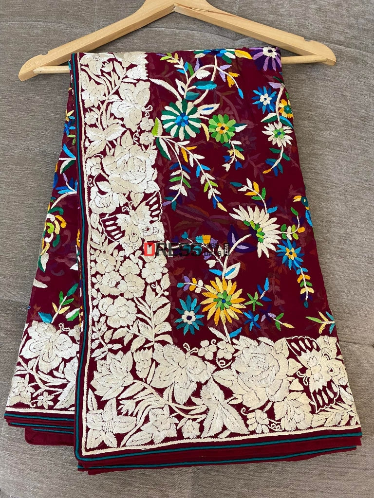 Maroon Parsi Gara Hand Embroidered Dupatta