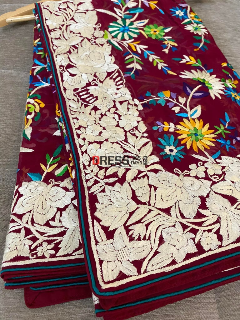 Maroon Parsi Gara Hand Embroidered Dupatta