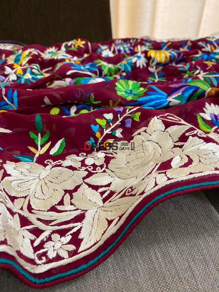 Maroon Parsi Gara Hand Embroidered Dupatta