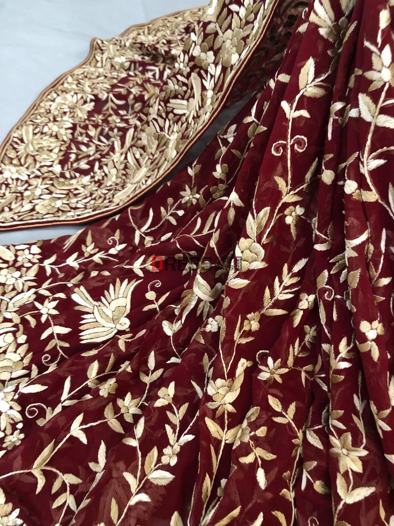 Maroon Parsi Gara Hand Embroidered Saree