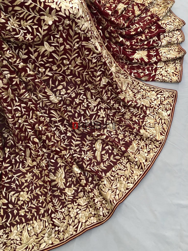 Maroon Parsi Gara Hand Embroidered Saree