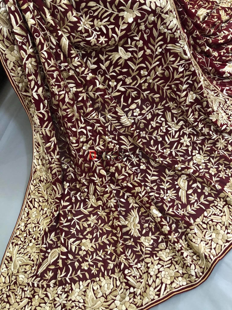Maroon Parsi Gara Hand Embroidered Saree