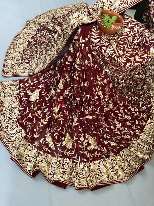 Maroon Parsi Gara Hand Embroidered Saree