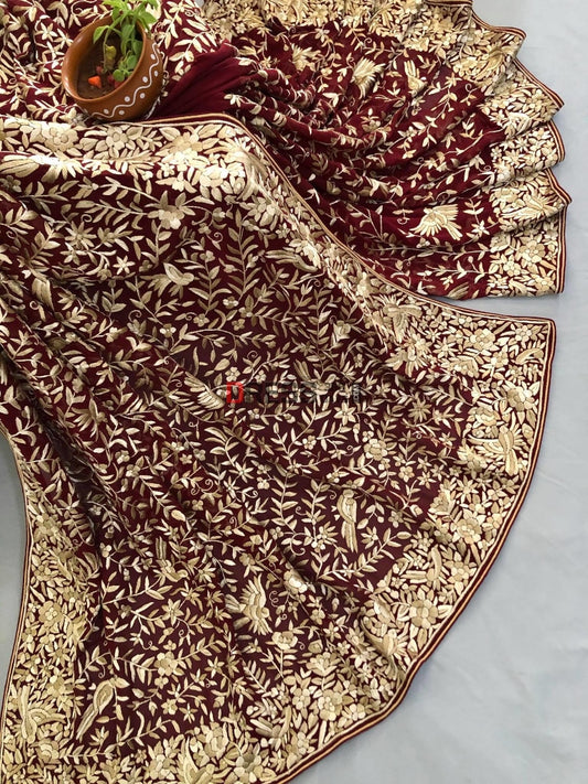 Maroon Parsi Gara Hand Embroidered Saree