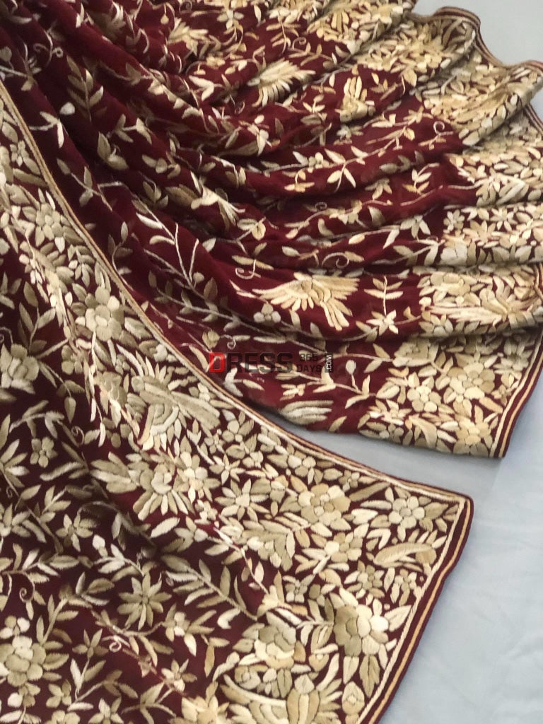 Maroon Parsi Gara Hand Embroidered Saree