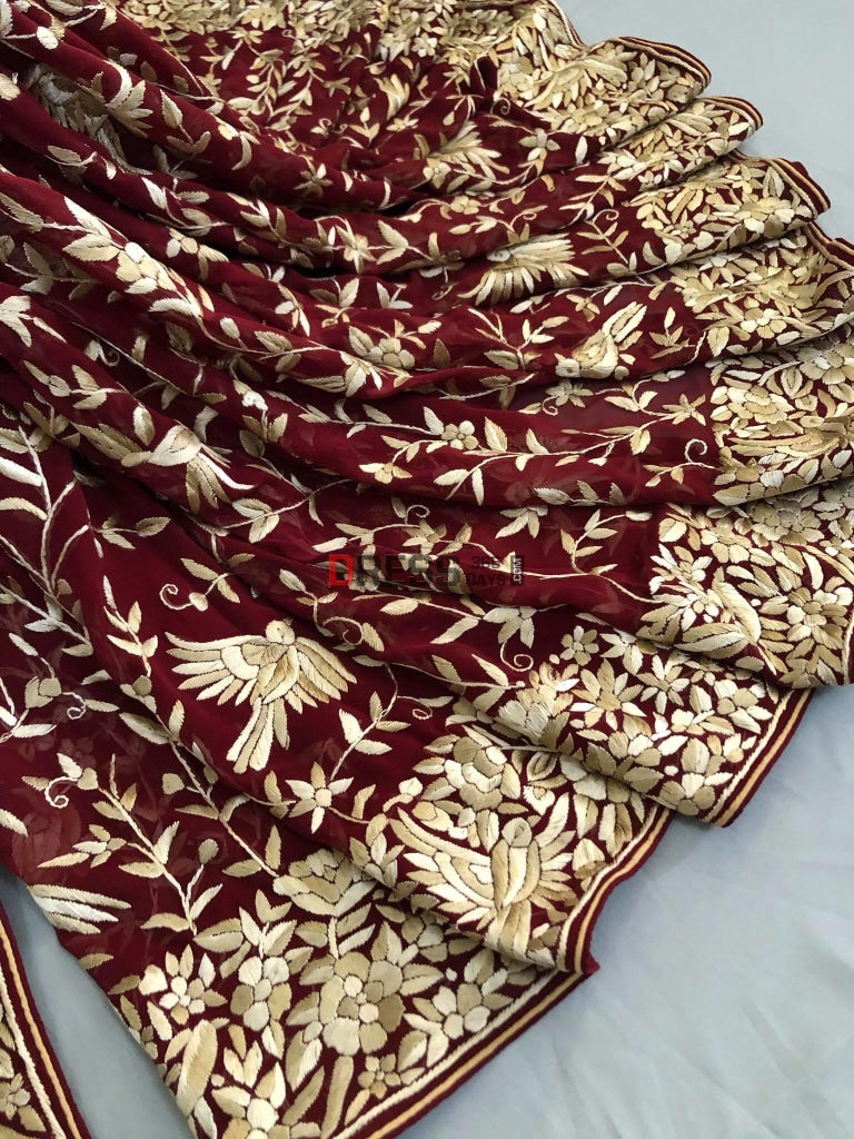 Maroon Parsi Gara Hand Embroidered Saree