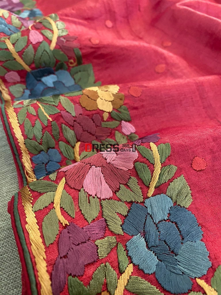 Maroon Tussar Silk Parsi Gara Hand Embroidered Saree