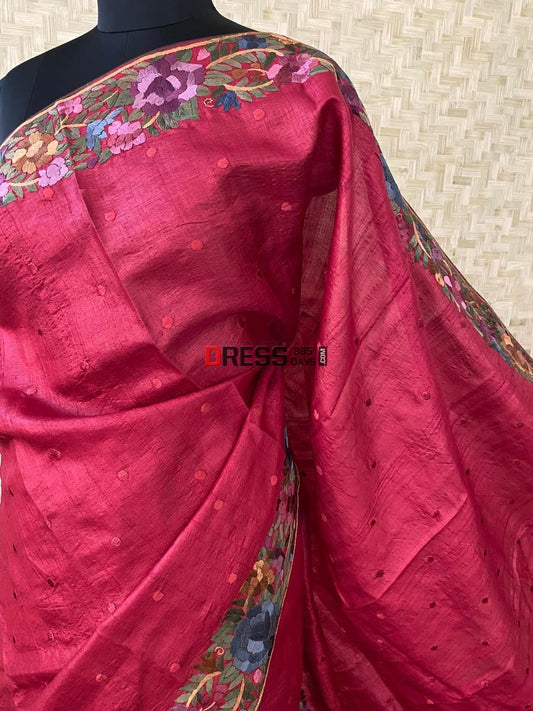 Maroon Tussar Silk Parsi Gara Hand Embroidered Saree