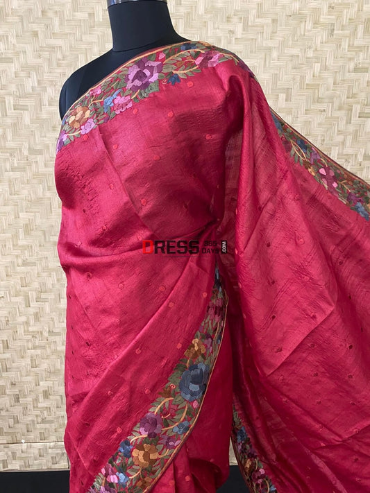 Maroon Tussar Silk Parsi Gara Hand Embroidered Saree