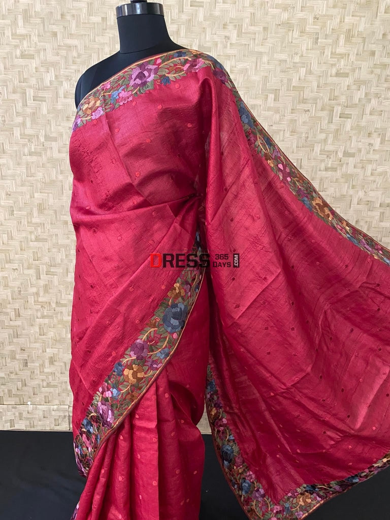 Maroon Tussar Silk Parsi Gara Hand Embroidered Saree