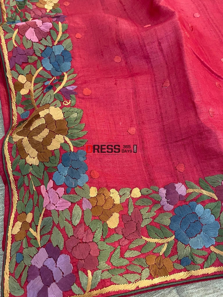 Maroon Tussar Silk Parsi Gara Hand Embroidered Saree