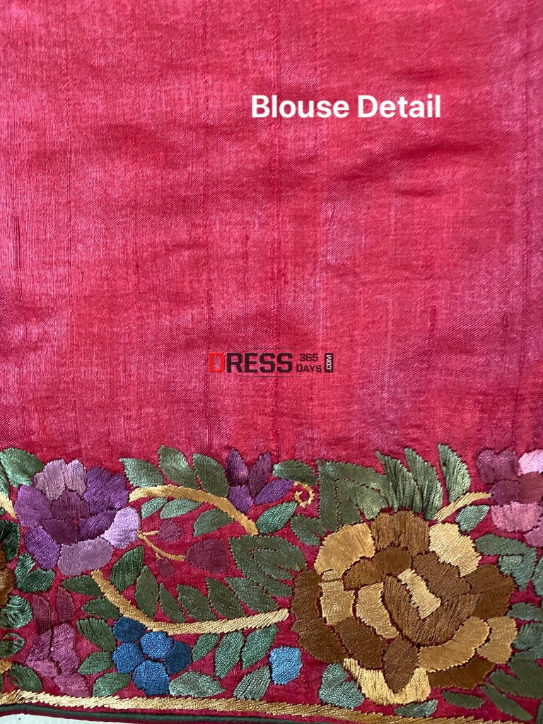 Maroon Tussar Silk Parsi Gara Hand Embroidered Saree