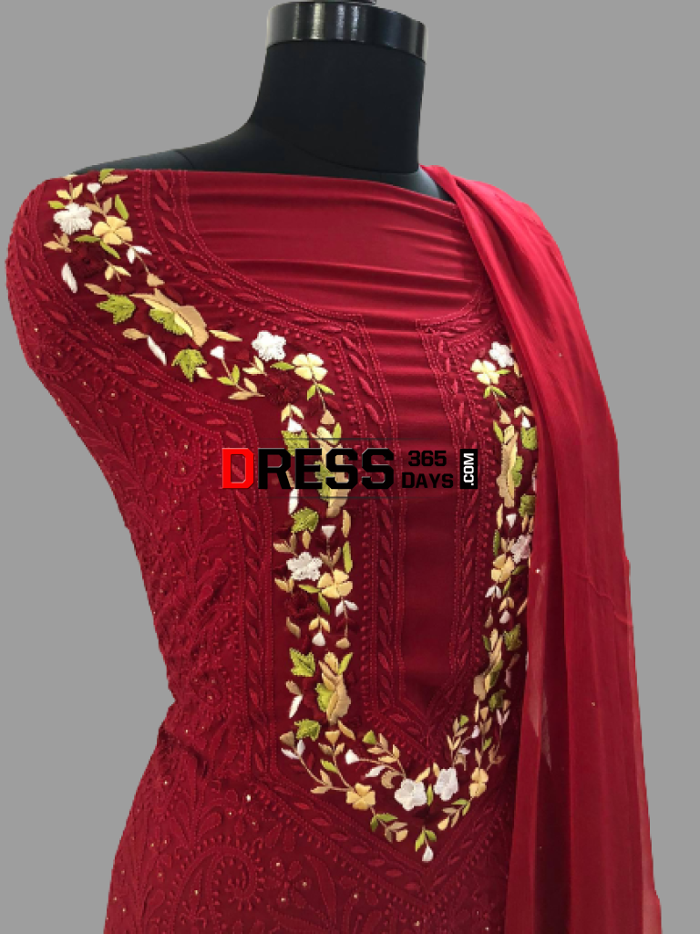 Maroonish Red Parsi Gara Chikankari Suit Suits
