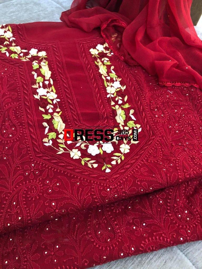 Maroonish Red Parsi Gara Chikankari Suit Suits