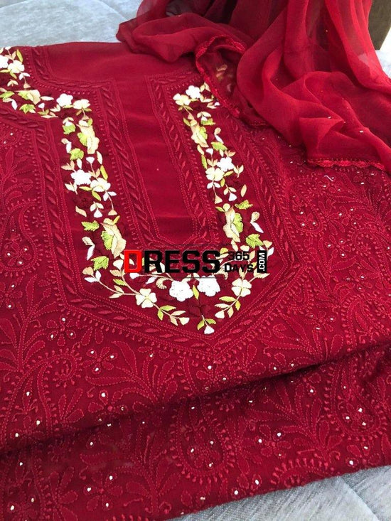 Maroonish Red Parsi Gara Chikankari Suit – Dress365days