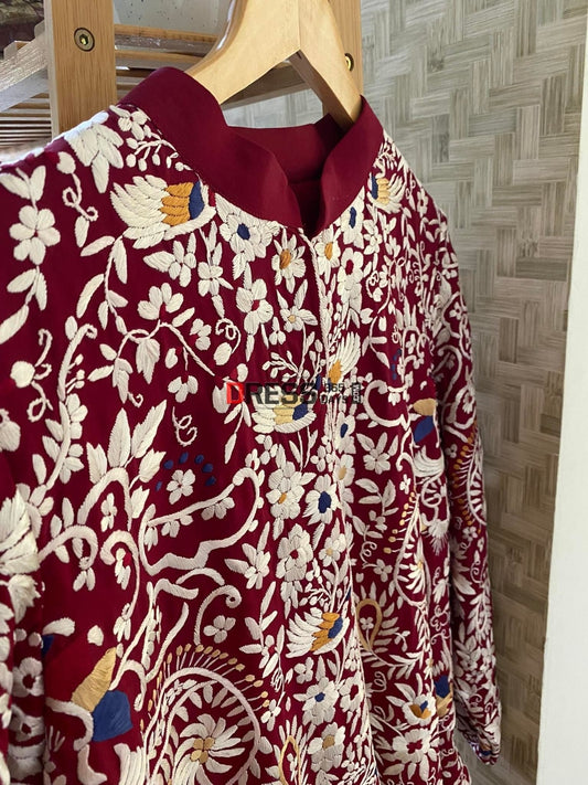 Maroonish Red Parsi Gara Crepe Silk Jacket Suits