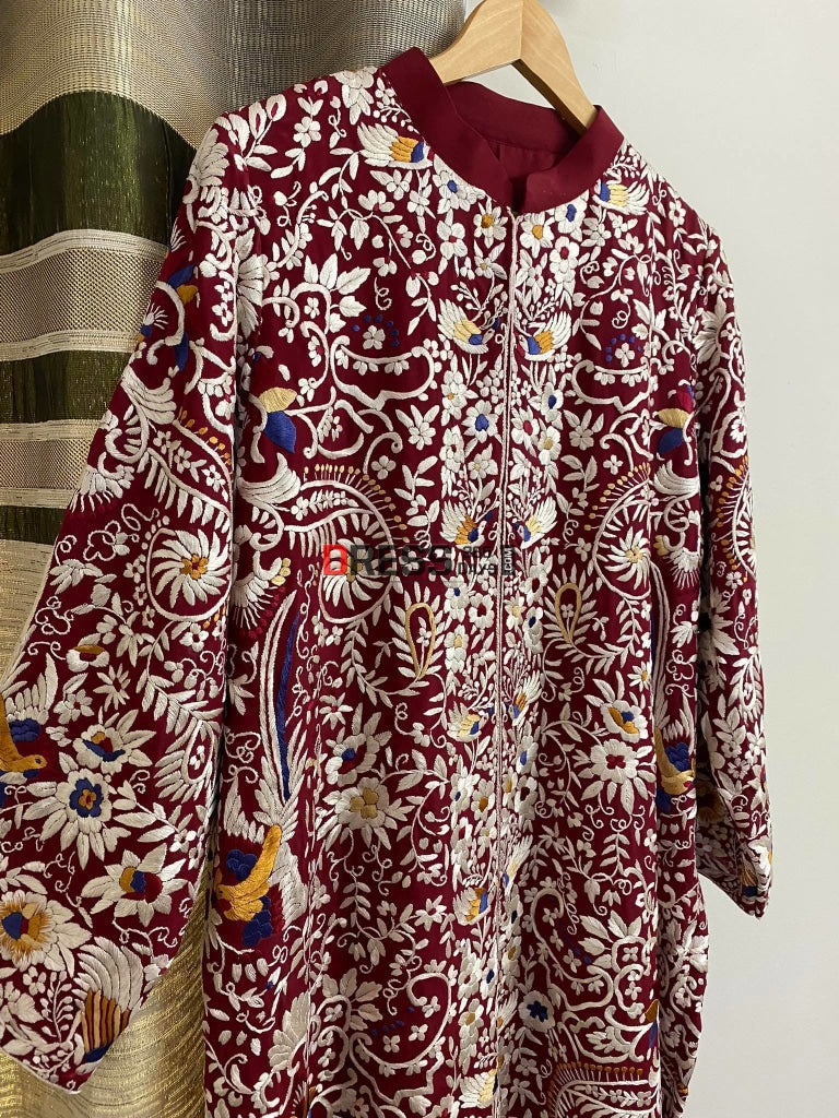 Maroonish Red Parsi Gara Crepe Silk Jacket Suits