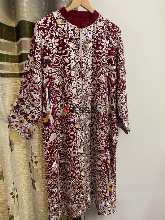 Maroonish Red Parsi Gara Crepe Silk Jacket Suits