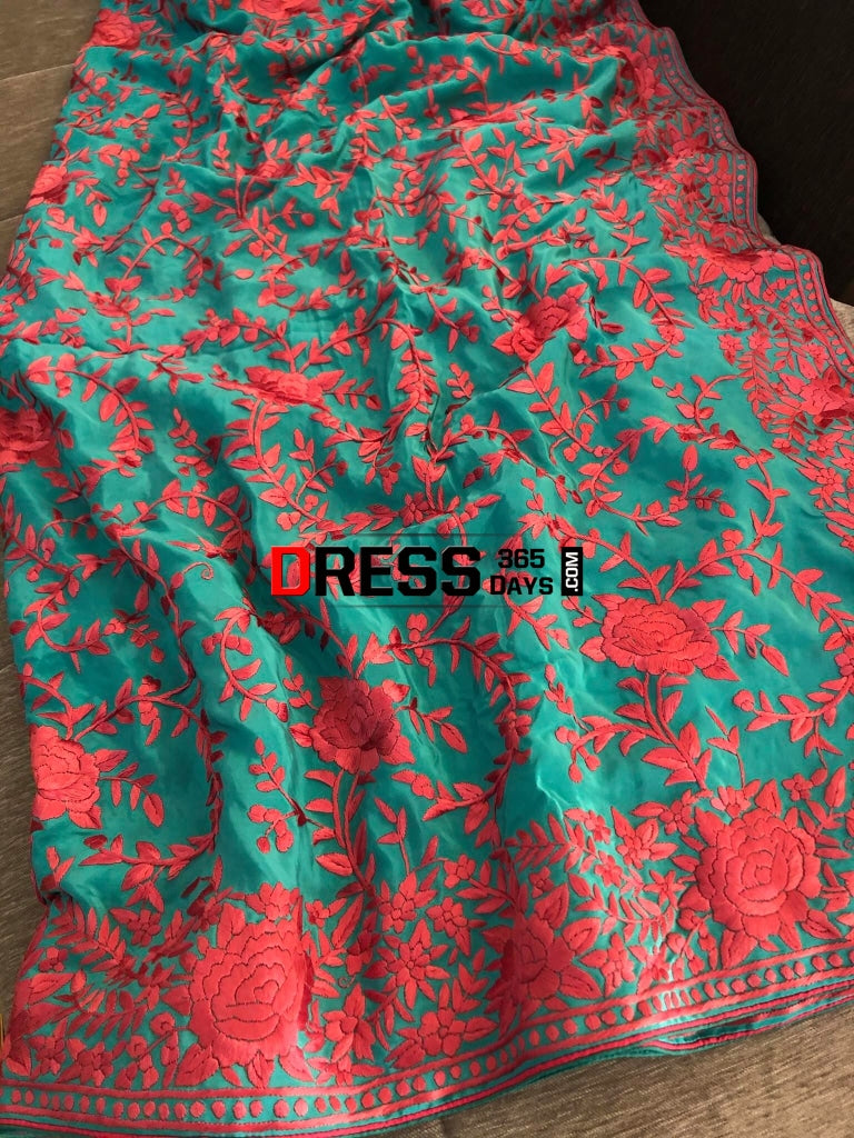 Masterpiece Aqua Parsi Gara Hand Embroidered Saree