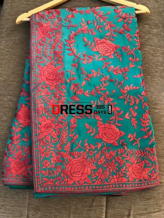 Masterpiece Aqua Parsi Gara Hand Embroidered Saree