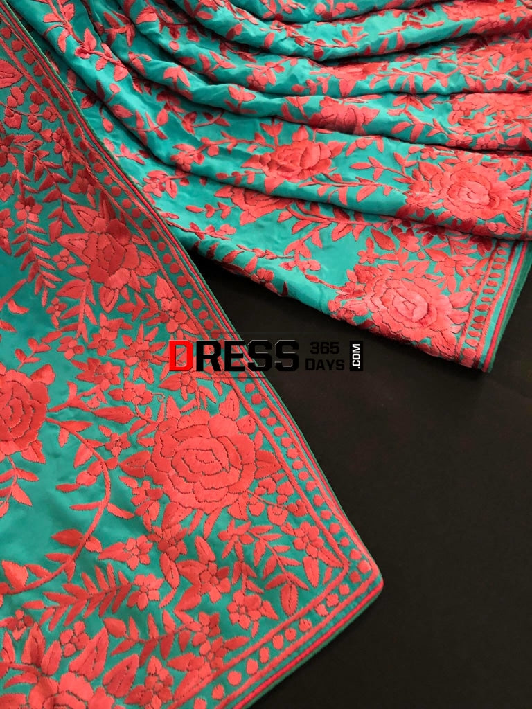 Masterpiece Aqua Parsi Gara Hand Embroidered Saree