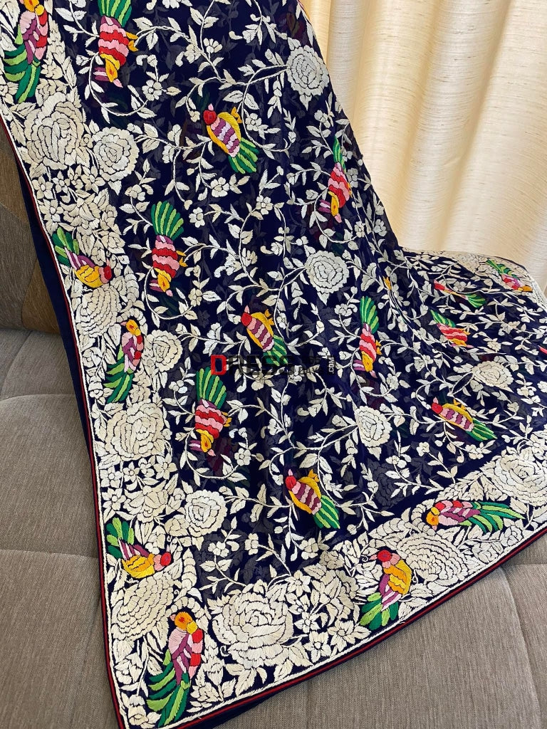 Masterpiece Black Multicolour Parsi Gara Dupatta