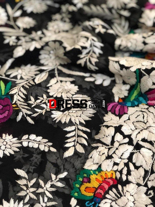 Masterpiece Black Multicolour Parsi Gara Dupatta