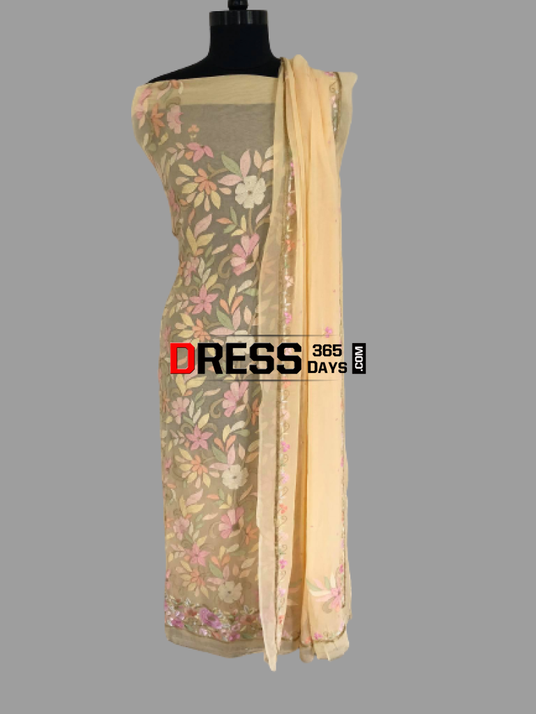 Masterpiece Hand Embroidered Chikankari And Parsi Gara Suit (Three Piece) Suits