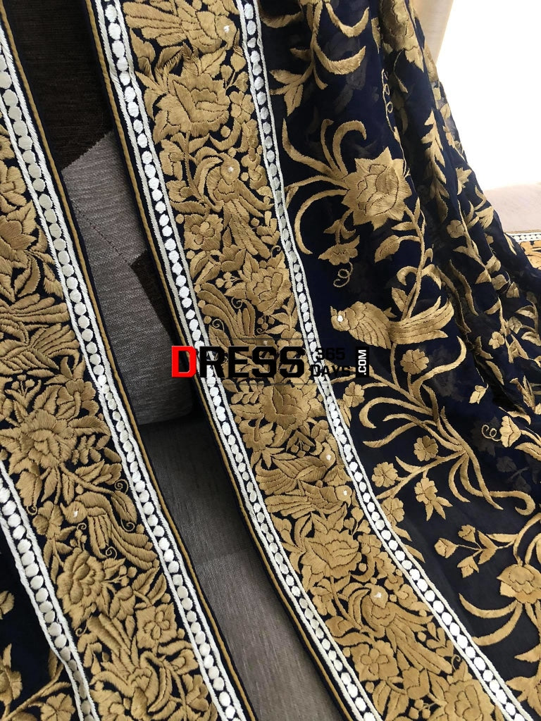 Masterpiece Navy-Gold Parsi Gara Hand Embroidered Dupatta