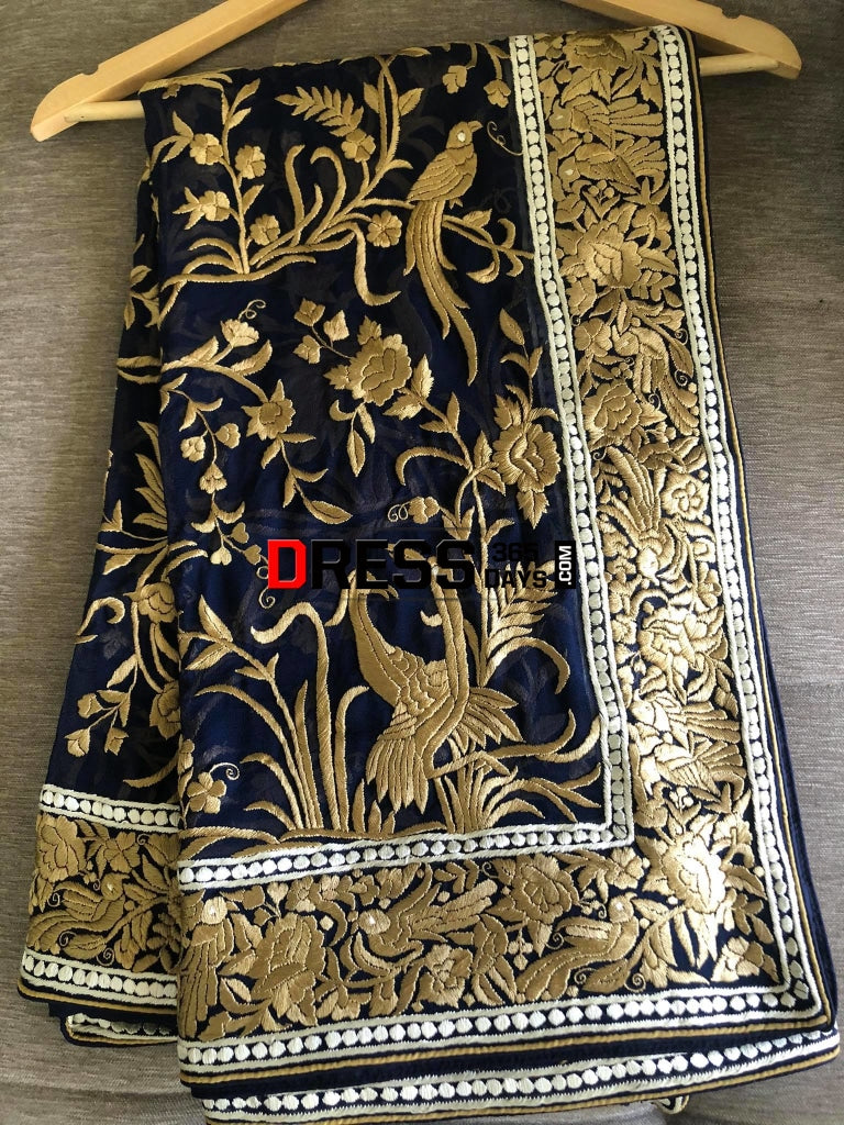 Masterpiece Navy-Gold Parsi Gara Hand Embroidered Dupatta