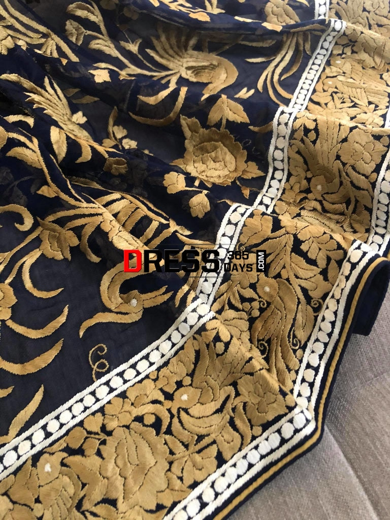 Masterpiece Navy-Gold Parsi Gara Hand Embroidered Dupatta