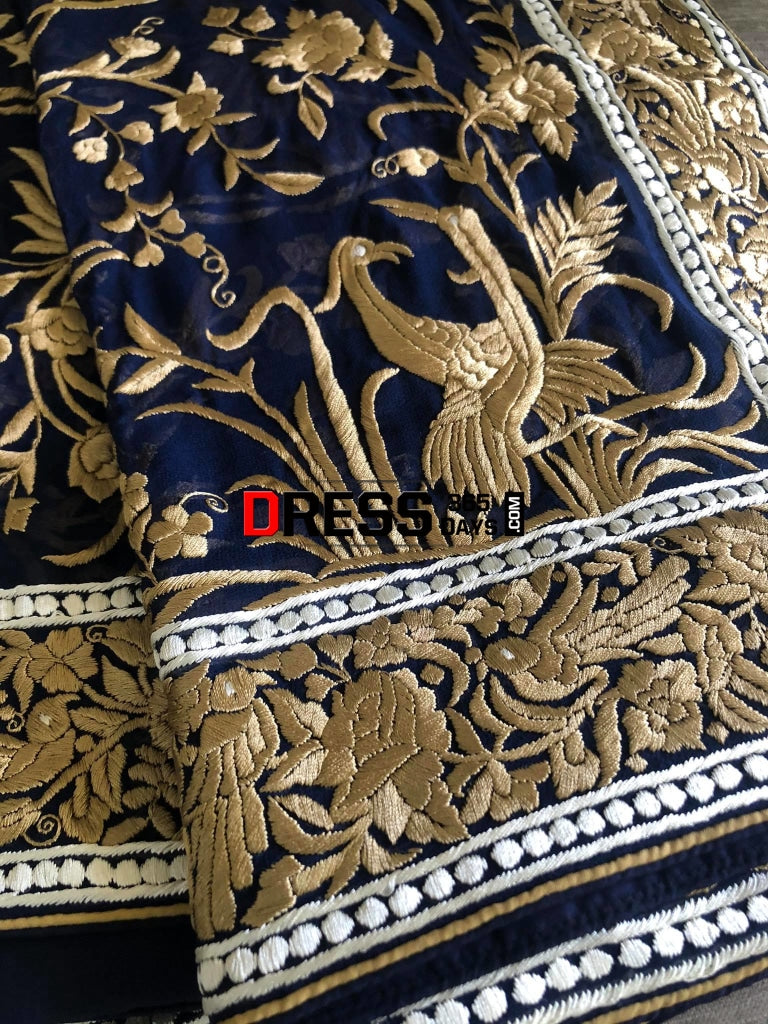 Masterpiece Navy-Gold Parsi Gara Hand Embroidered Dupatta