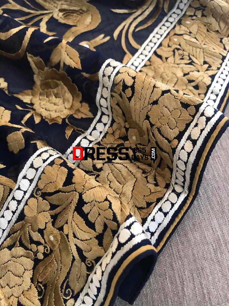 Masterpiece Navy-Gold Parsi Gara Hand Embroidered Dupatta