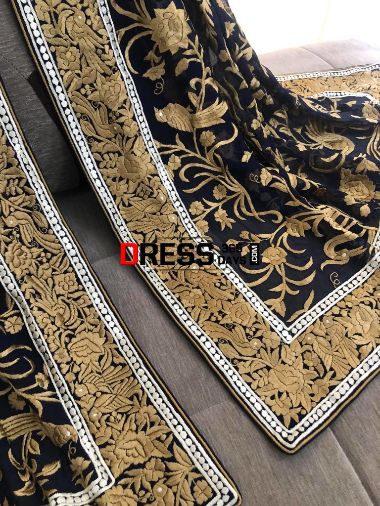 Masterpiece Navy-Gold Parsi Gara Hand Embroidered Dupatta