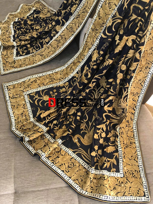 Pre Order Black-Gold Parsi Gara Hand Embroidered Dupatta