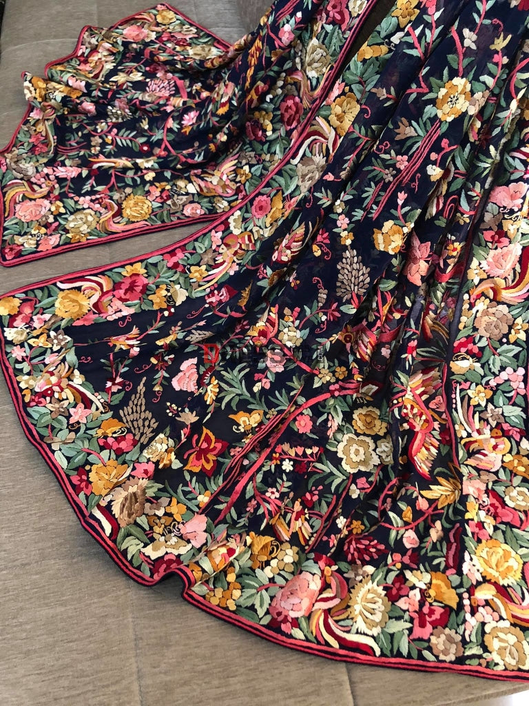 Masterpiece Parsi Gara Navy-Multicolour Dupatta