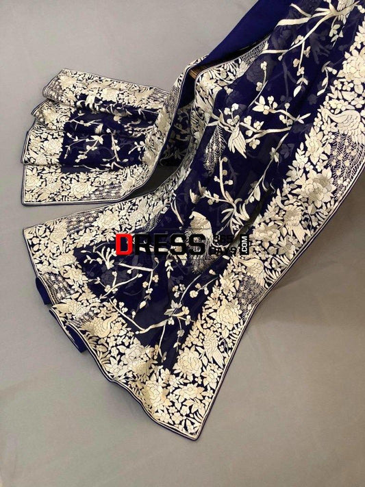 Masterpiece Royal Blue And Ivory Parsi Gara Dupatta