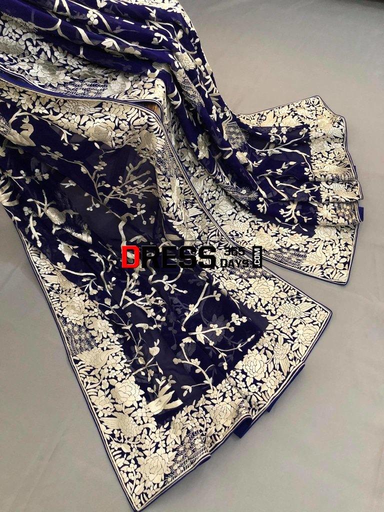 Masterpiece Royal Blue And Ivory Parsi Gara Dupatta