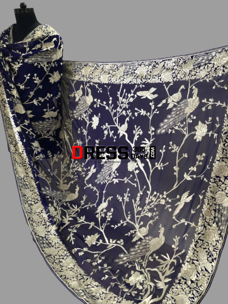 Masterpiece Royal Blue And Ivory Parsi Gara Dupatta