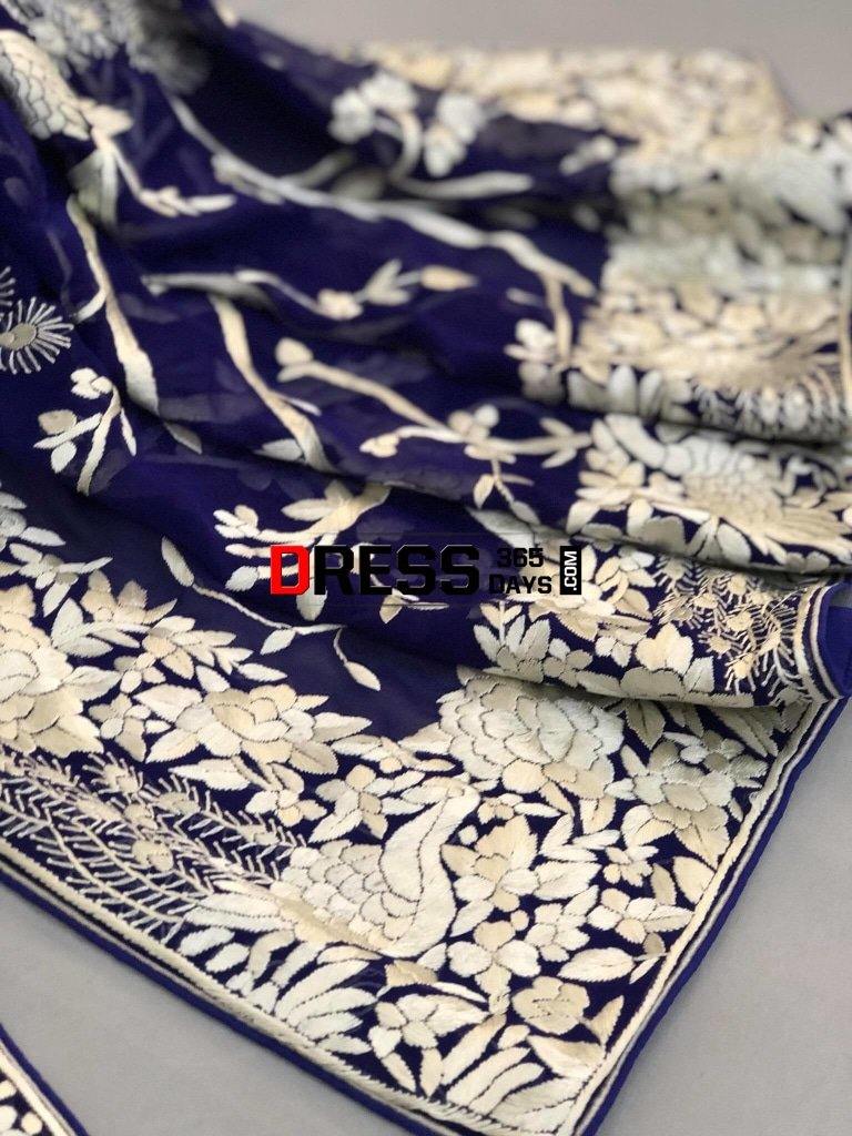 Masterpiece Royal Blue And Ivory Parsi Gara Dupatta