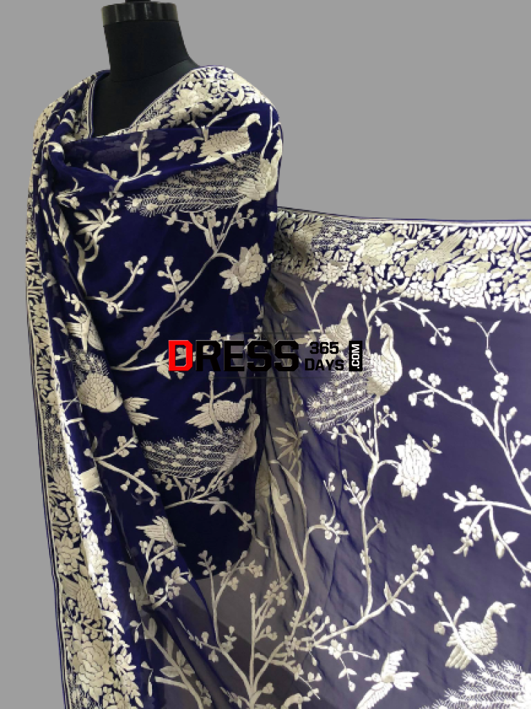 Masterpiece Royal Blue And Ivory Parsi Gara Dupatta