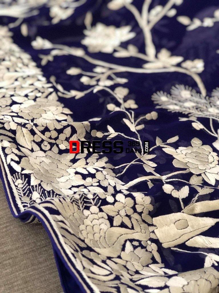 Masterpiece Royal Blue And Ivory Parsi Gara Dupatta