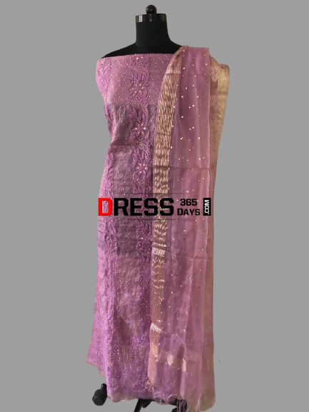 Mauve Mukaish Chikankari Suit - Organza - Dress365days