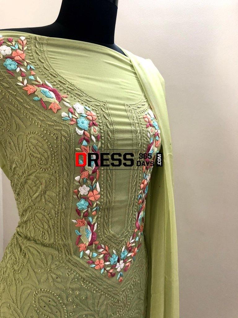 Mehndi Green Parsi Gara Chikankari Suit Suits