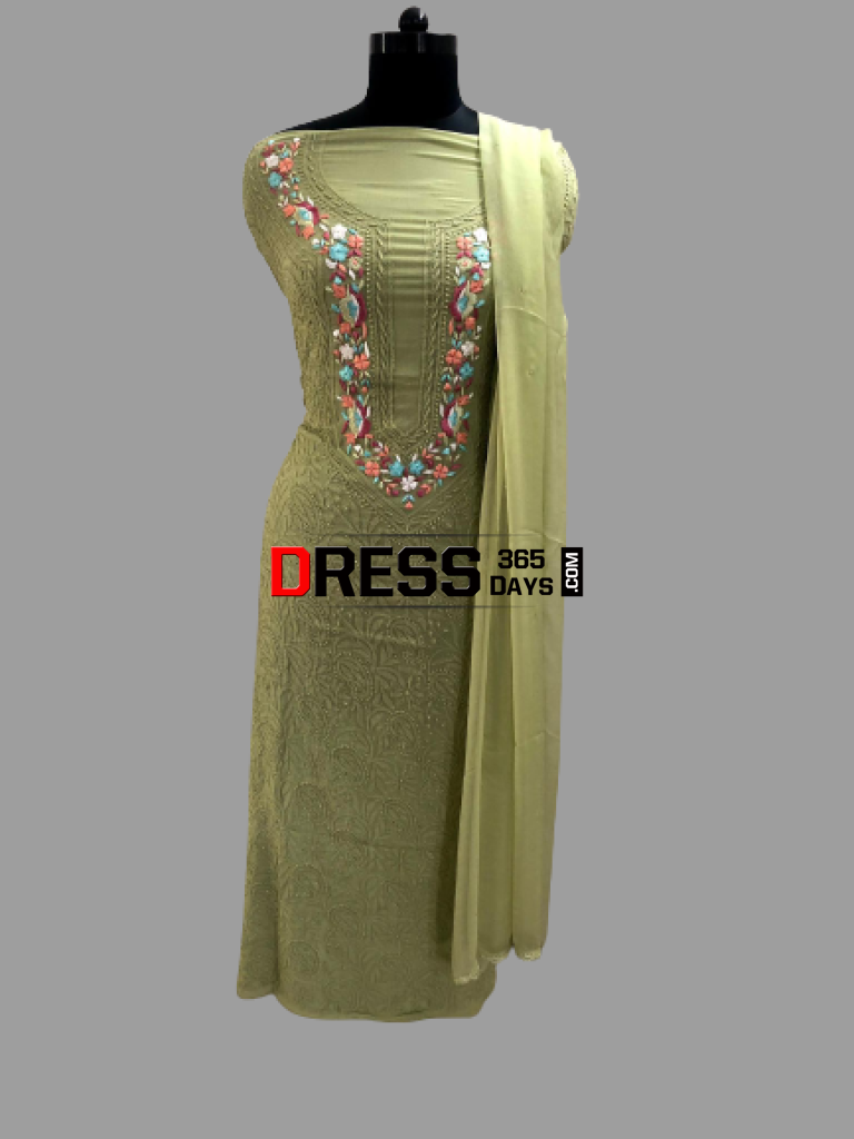 Mehndi Green Parsi Gara Chikankari Suit Suits