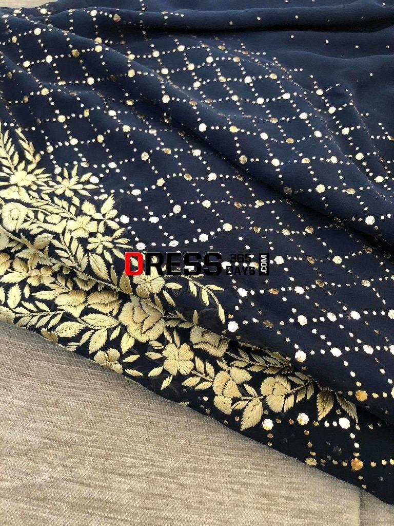 Midnight Blue And Gold Kamdani Parsi Gara Suit Suits