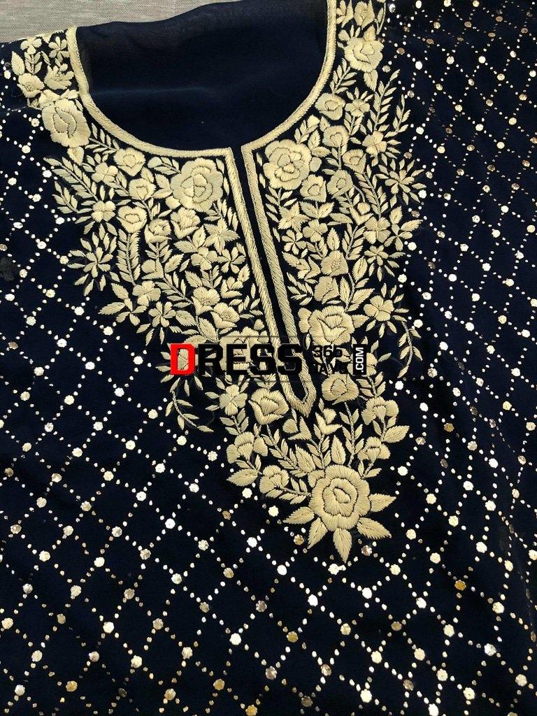 Midnight Blue And Gold Kamdani Parsi Gara Suit Suits