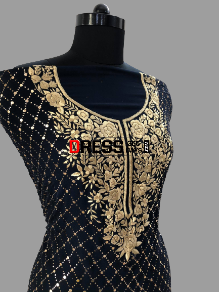 Midnight Blue And Gold Kamdani Parsi Gara Suit Suits
