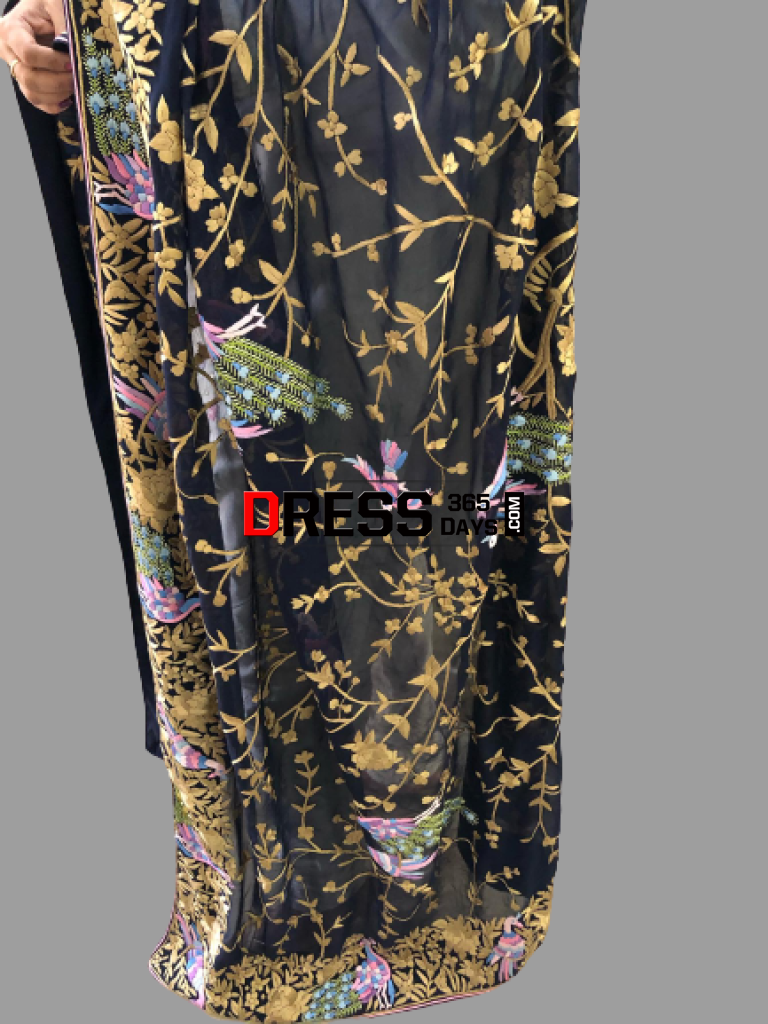 Midnight Blue Hand Embroidered Parsi Gara Dupatta